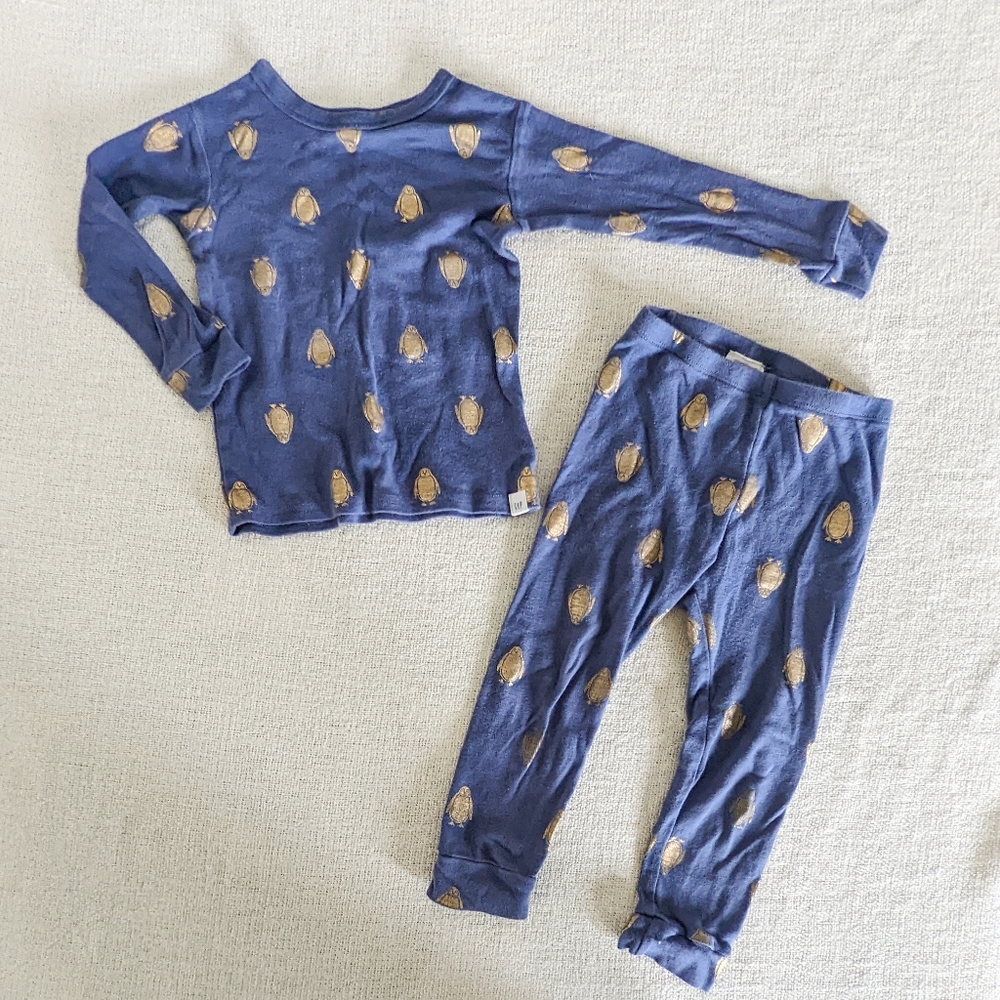 Gap Toddler Pajamas Set 2-Piece - Gold Foil Penguin, Blue - 2 Years